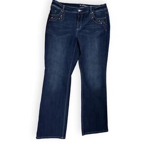 Chico's Platinum Dark Wash Sequin Straight Leg Blue Jeans 12 (Size 2)